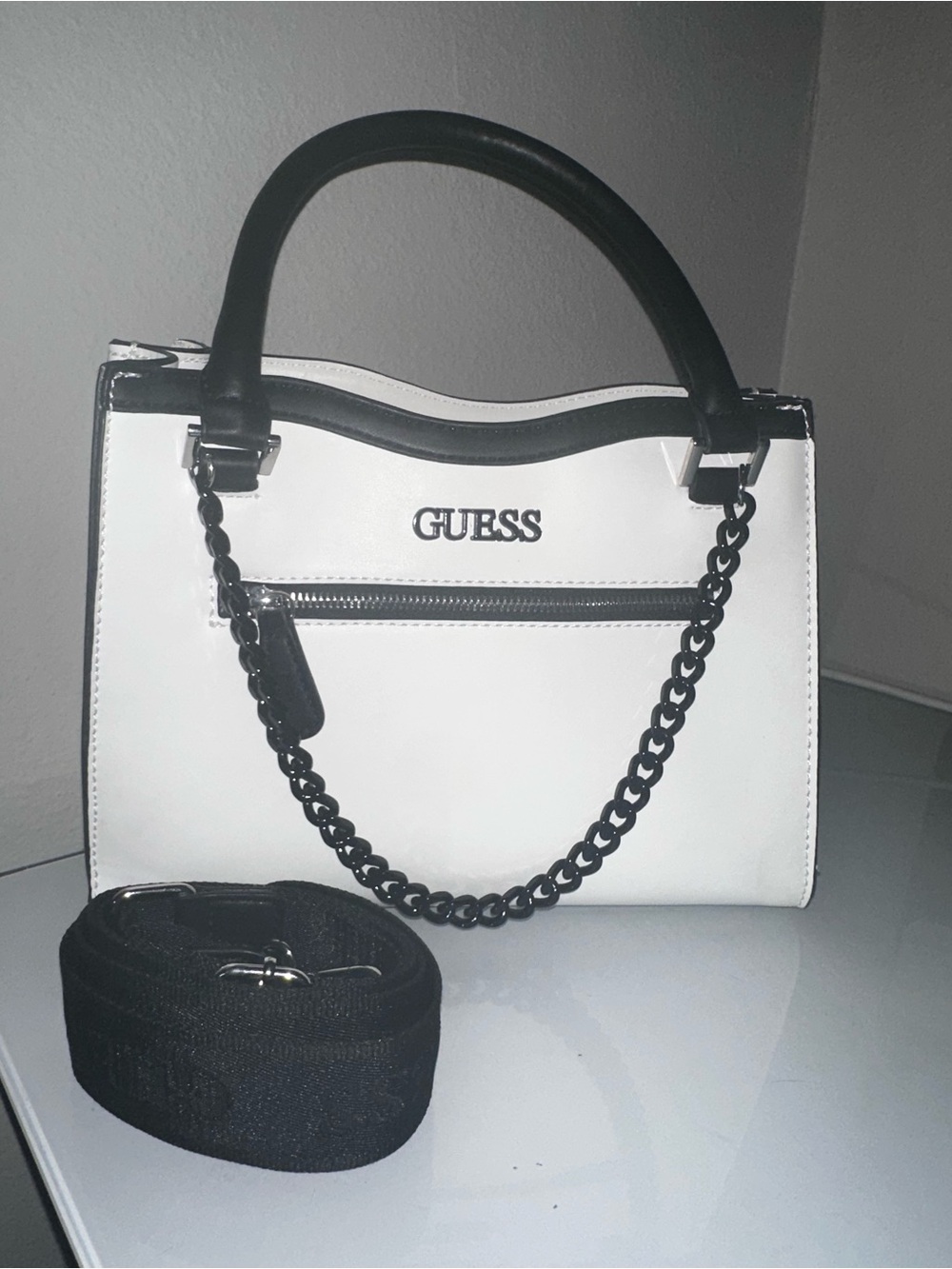 GUESS White Satchel with Black Trim and Chain